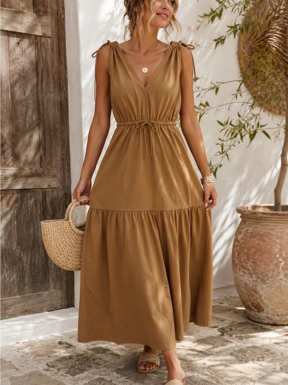 Calvin Klein Size 10 Camel Brown V-Neck Tie Shoulder Tiered Maxi Dress Boho